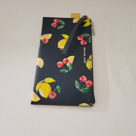 Michael Kors Jet Set Travel Large Top Zip Wristlet Clutch Navy Fruit Handbag - Picture 5 of 7